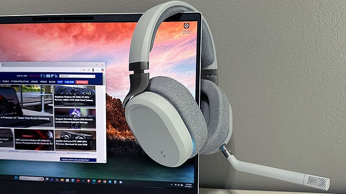 Fractal Design's Scape headset hanging on the corner of a laptop.