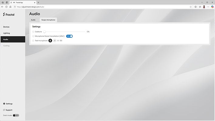 Audio section of Fractal Design's web setup page showing the microphone settings.