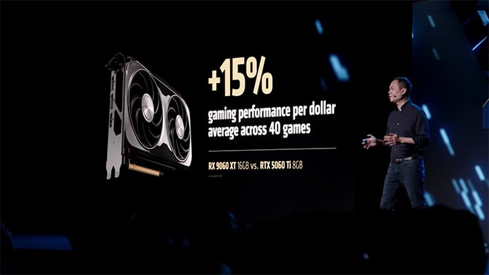 AMD slide at Computex claiming a 15% advantage for the Radeon RX 9060 XT versus NVIDIA's GeForce RTX 5060 Ti.