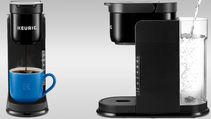 Front and side views of the Keurig K-Express single-cup coffee maker on a gray gradient background.