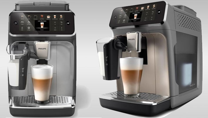 Front and angled views of the Philips 4400 Series espresso machine on a gray gradient background.